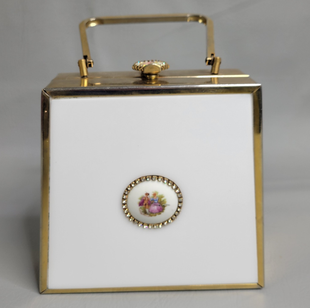 Vintage White Gold Box Style Purse Porcelain Cameo Medallion Rhinestones Lucite